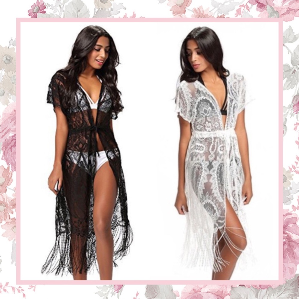🎀 ROBE FRINGE LACE CARDIGAN DUSTER BOHEMIAN BOHO CHIC SHEER SWIM COVER SHEER